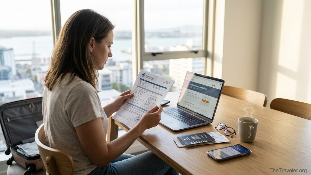 Traveller in Auckland reviewing Southern Cross travel insurance papers at a sunlit kitchen table before an overseas trip.