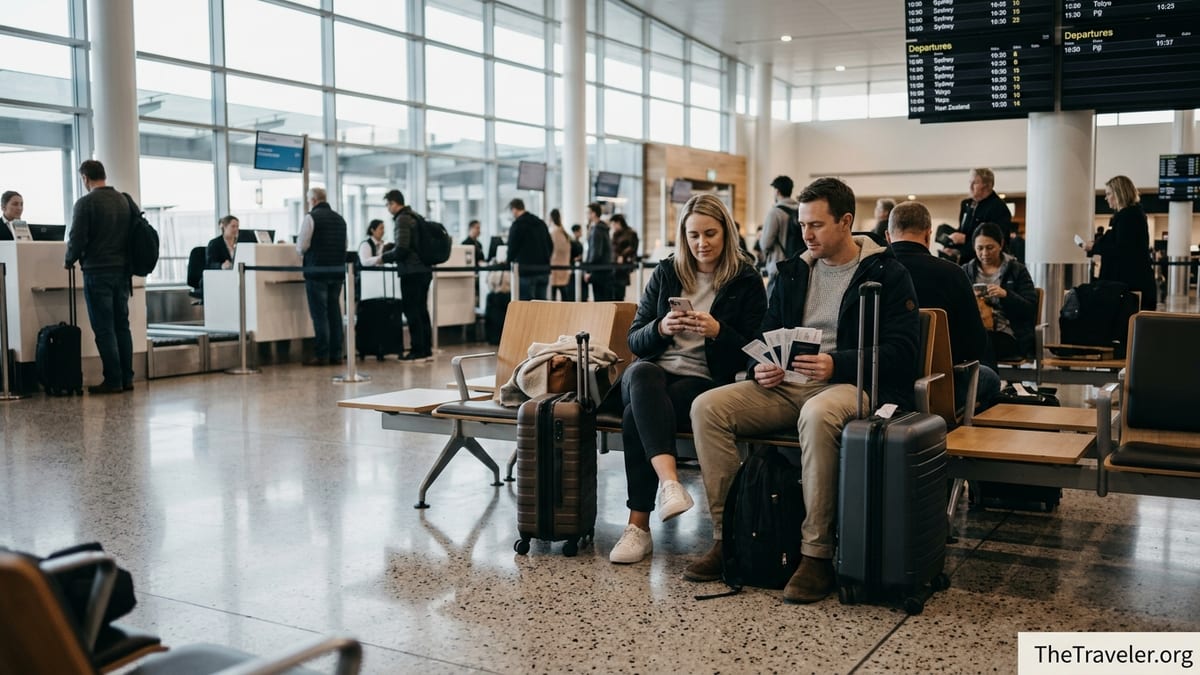 Couple at Auckland Airport reviewing travel insurance documents before an overseas flight.