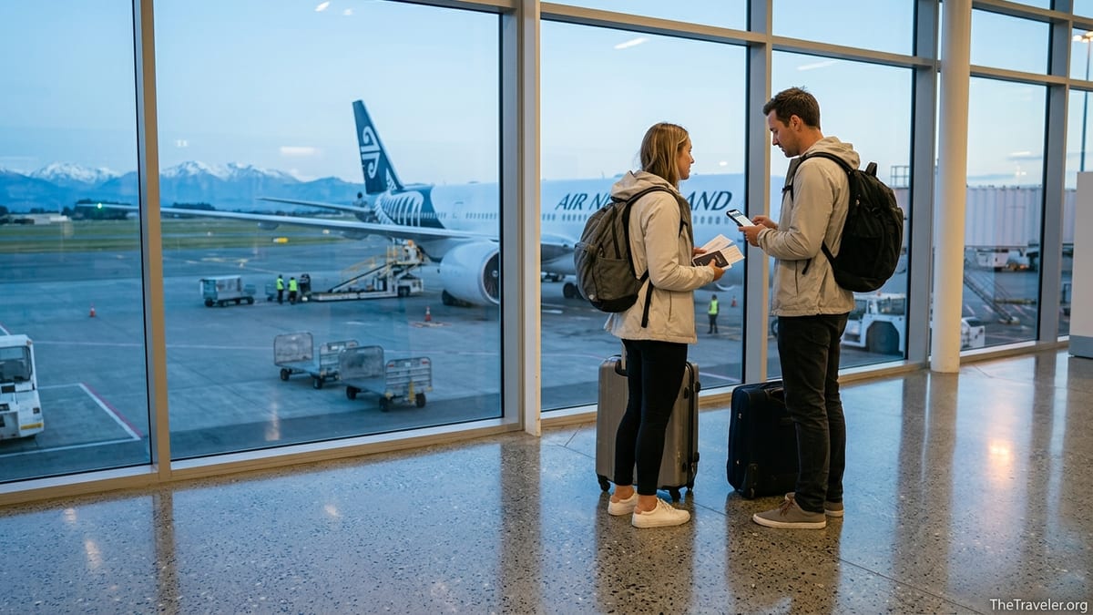 New Zealand travellers at airport window reviewing documents before an overseas flight