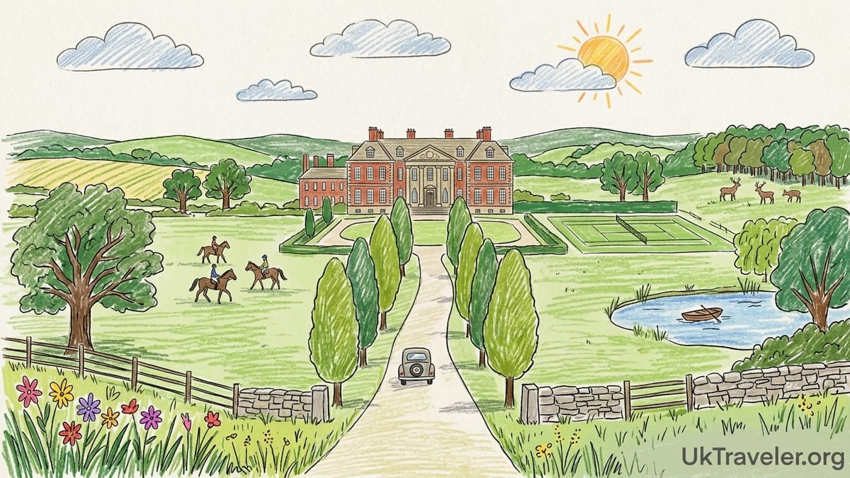 Georgian country house hotel in southern England at golden hour, framed by lawns and trees.