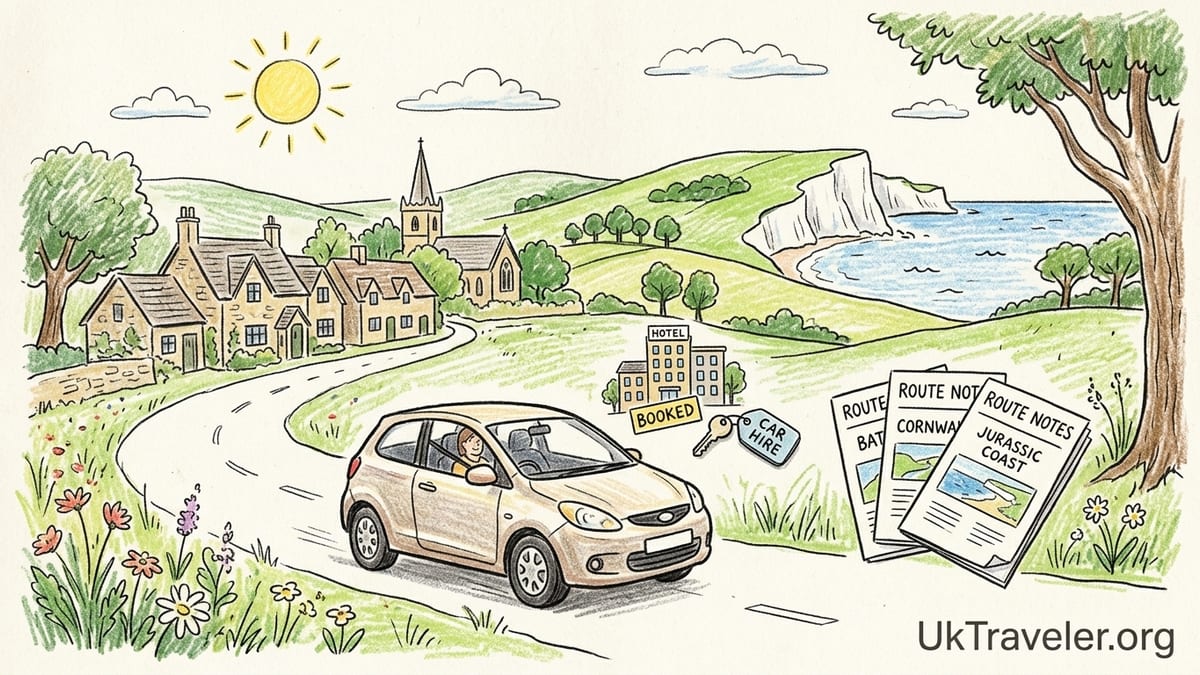 Couple with rental car studying route map above rolling hills in Southern England.