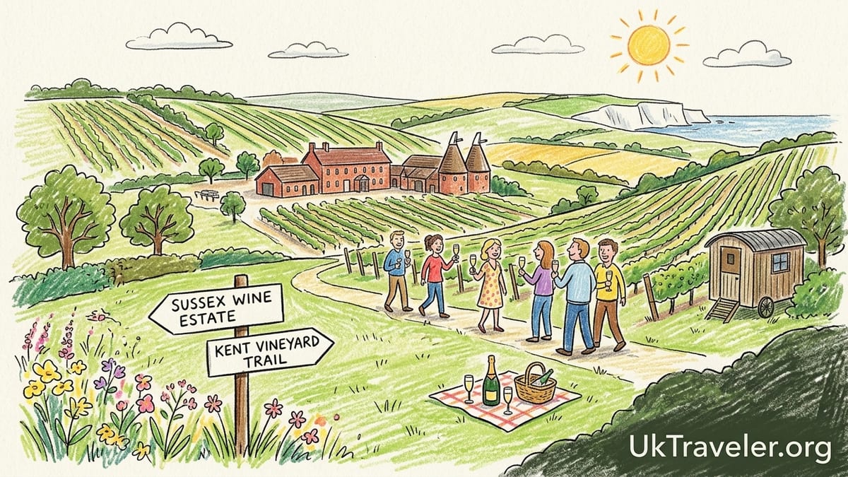 Sunlit English vineyard in southern England with rolling hills, vines and a couple walking at golden hour.