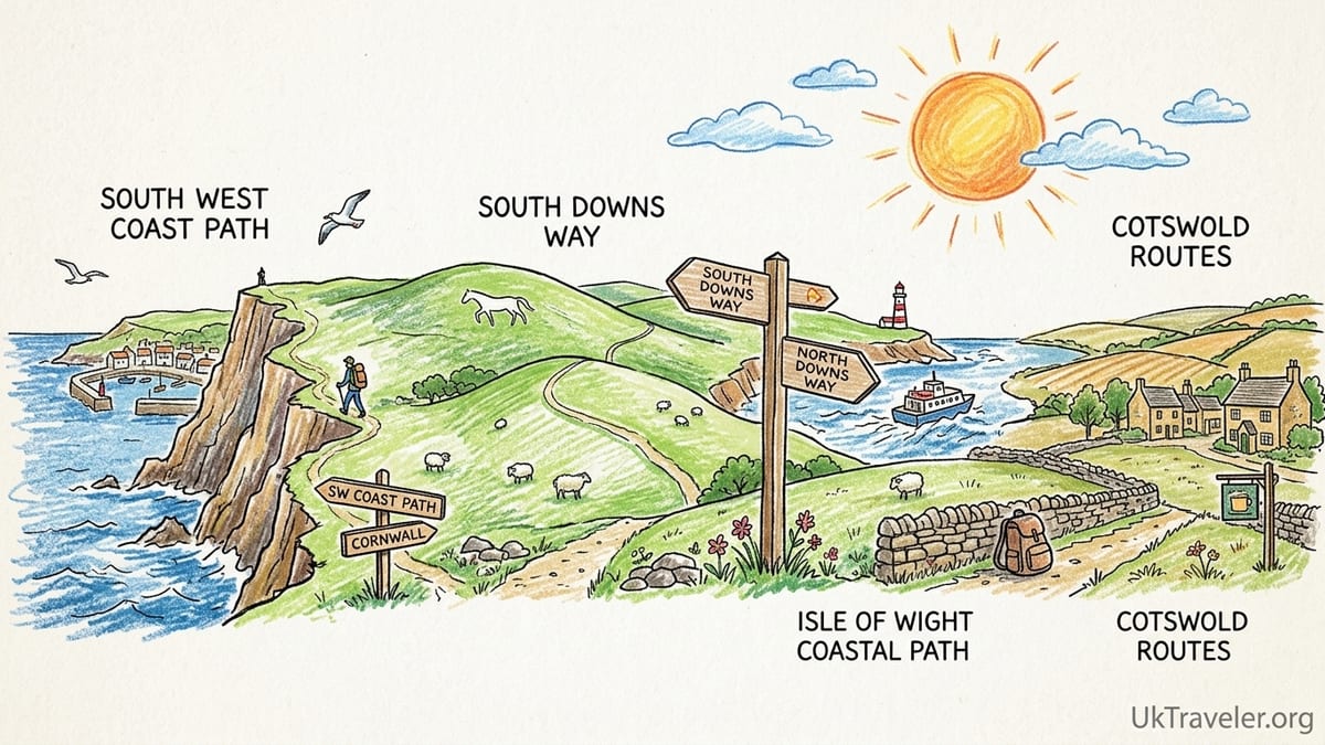 Walkers on a clifftop section of the South West Coast Path in golden afternoon light.