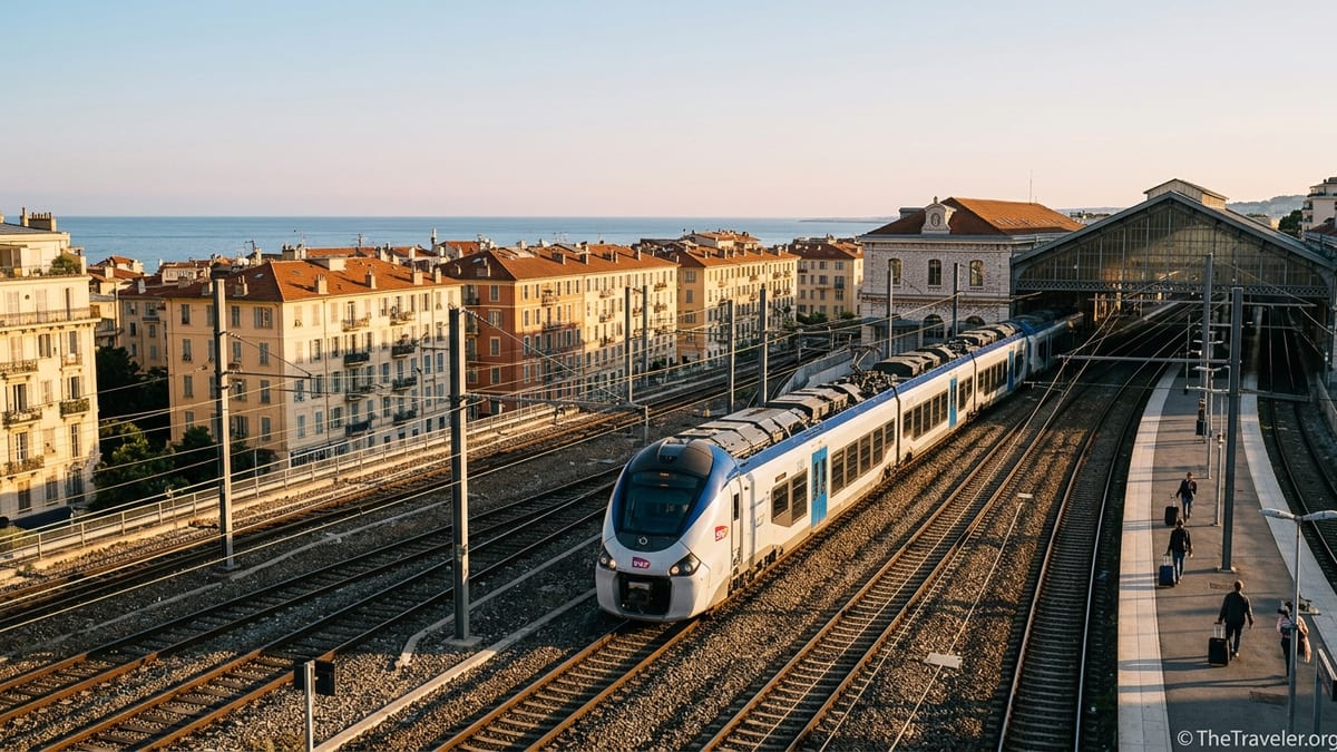 Regional train arriving at Nice-Ville station with city and sea in the background