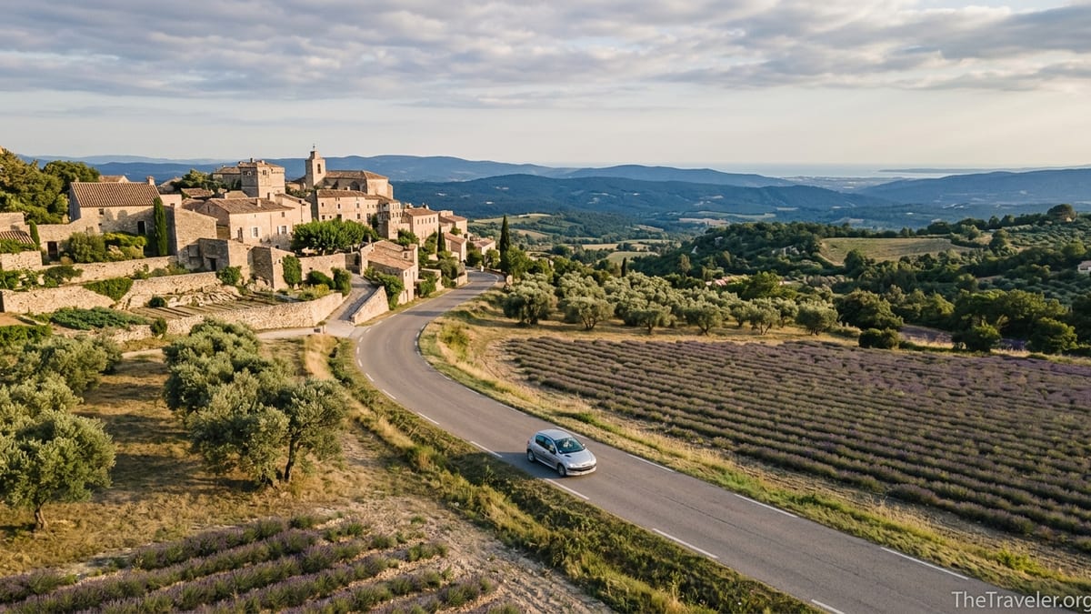 Car on a country road passing lavender fields below a stone hilltop village in southern France at sunset.