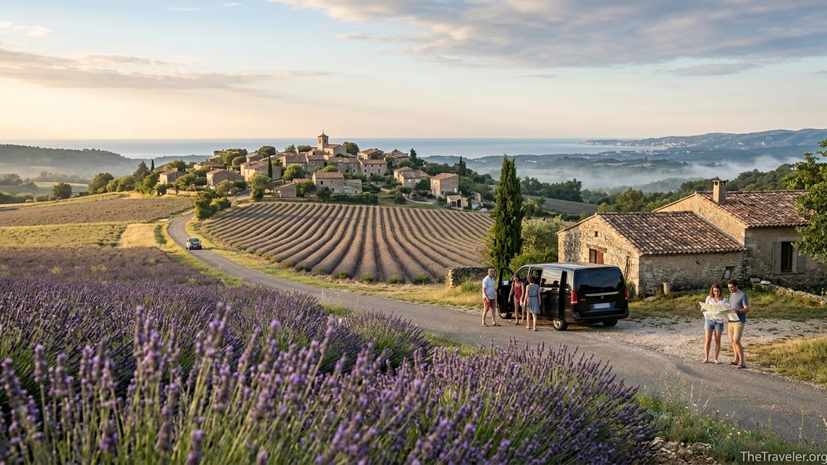 Lavender fields in Provence at sunrise with a village and distant Mediterranean coast.
