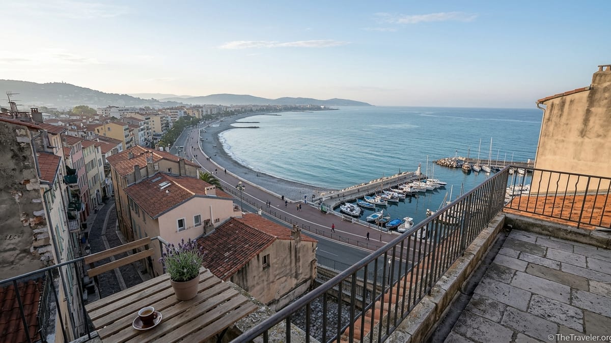 Early morning view over a southern French coastal town and beach on the Mediterranean.