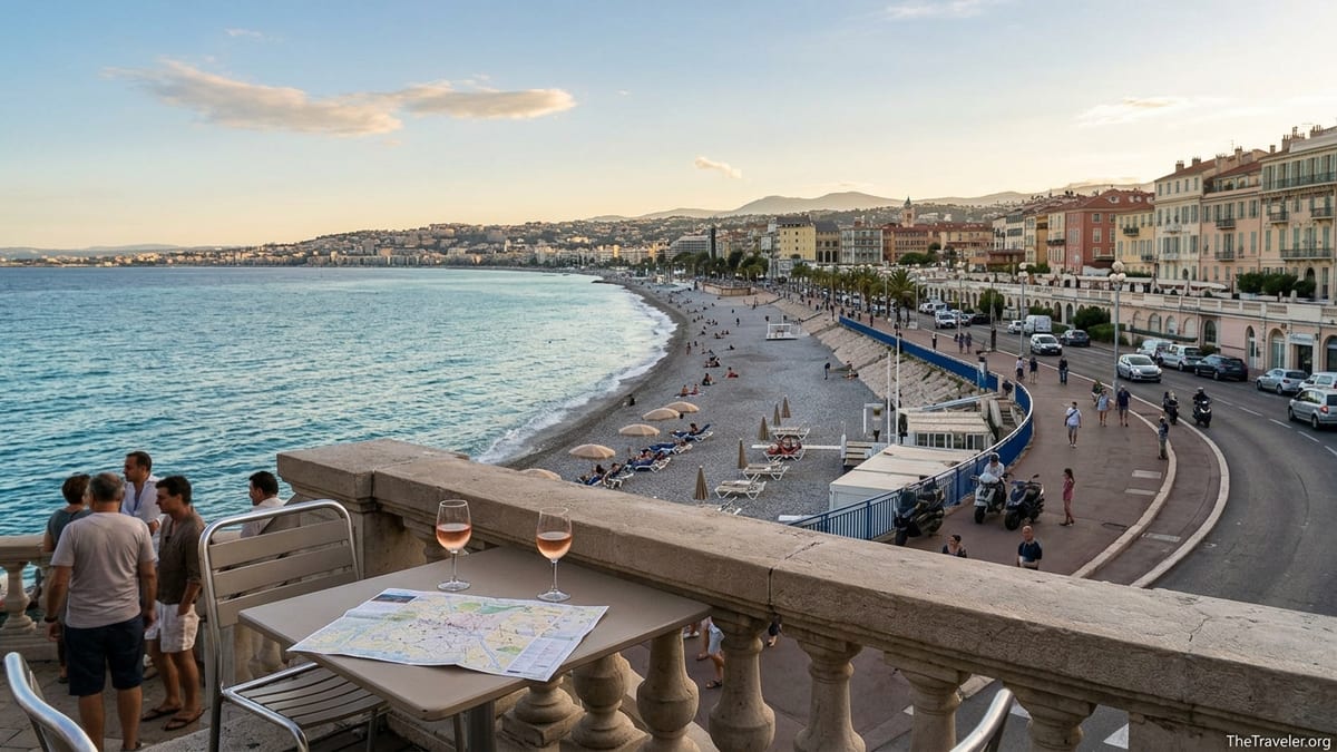 View over Nice promenade and beach at sunset with rosé glasses on a terrace table.