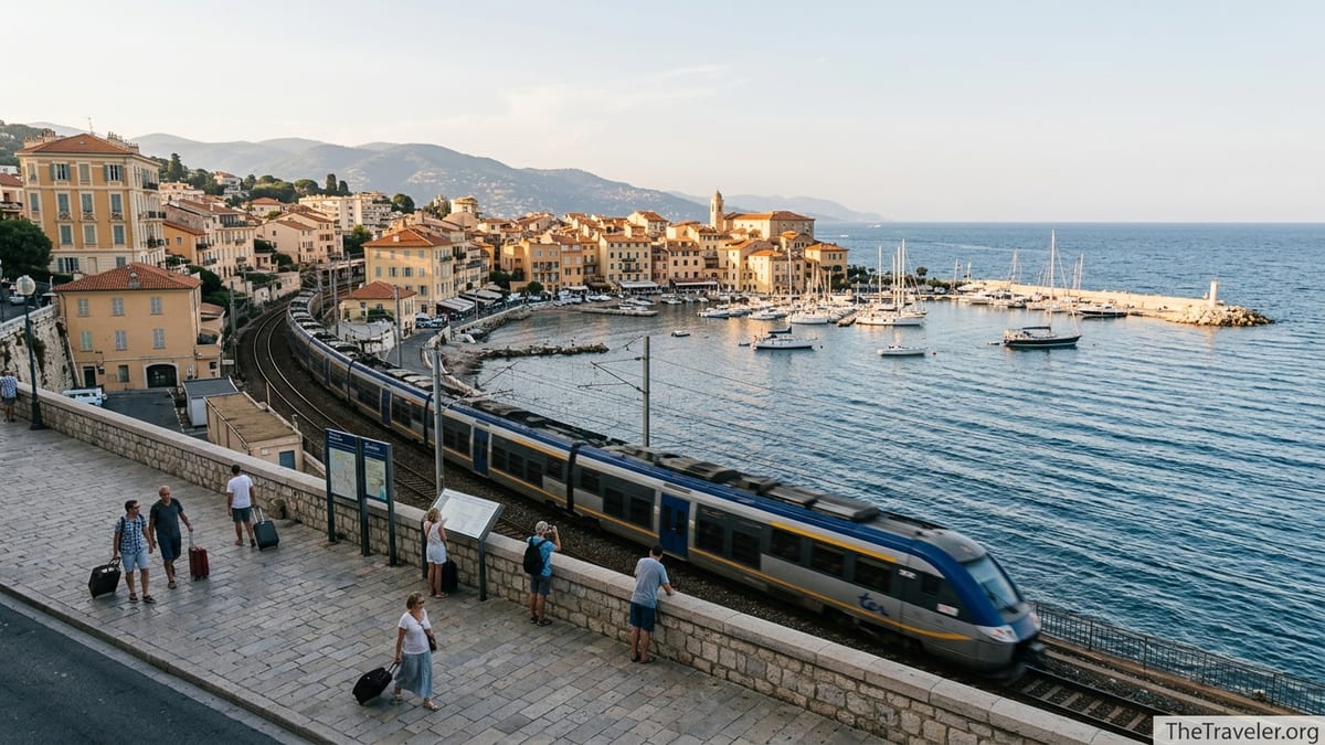 Coastal town in southern France with a regional train running along the seafront and pastel buildings by a calm blue sea.