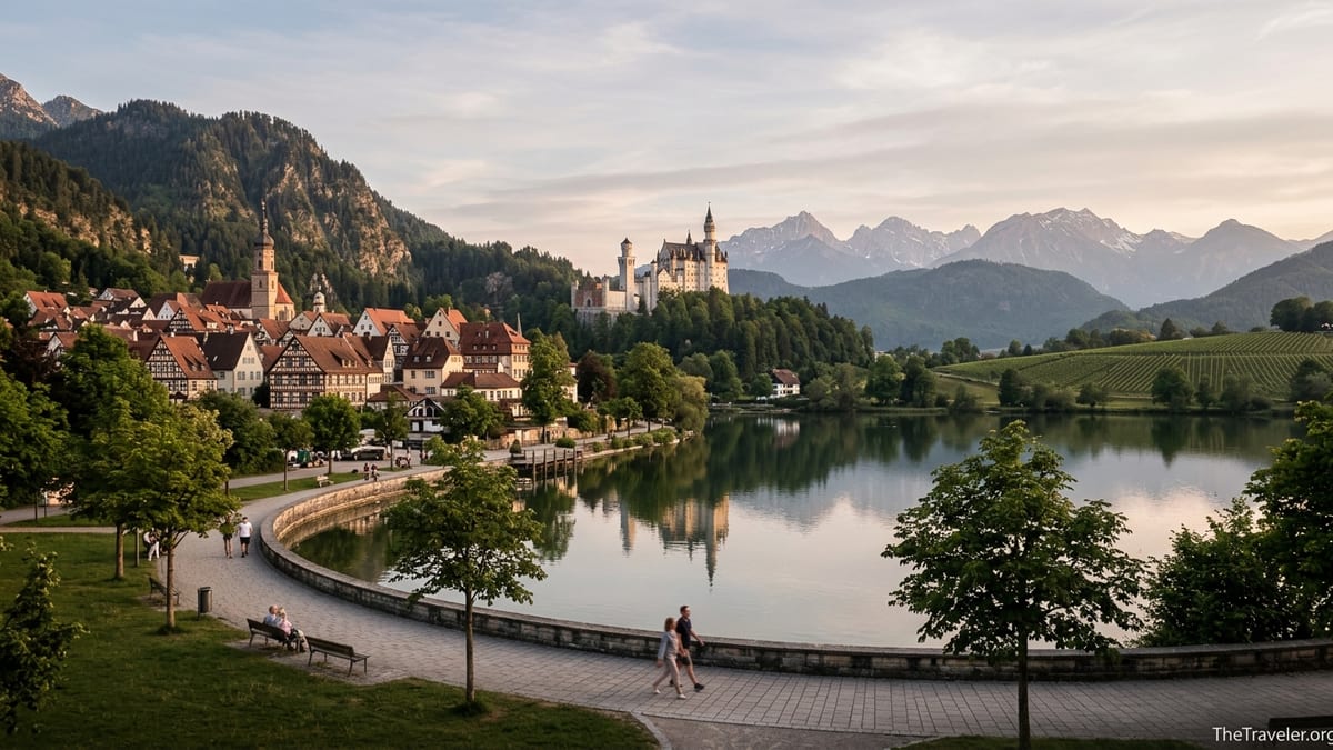 Panoramic view of a southern German lakeside town with castle and distant Alps at sunset.