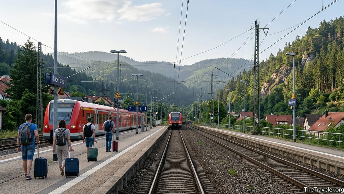 Regional train in a Black Forest valley station with travelers on the platform.