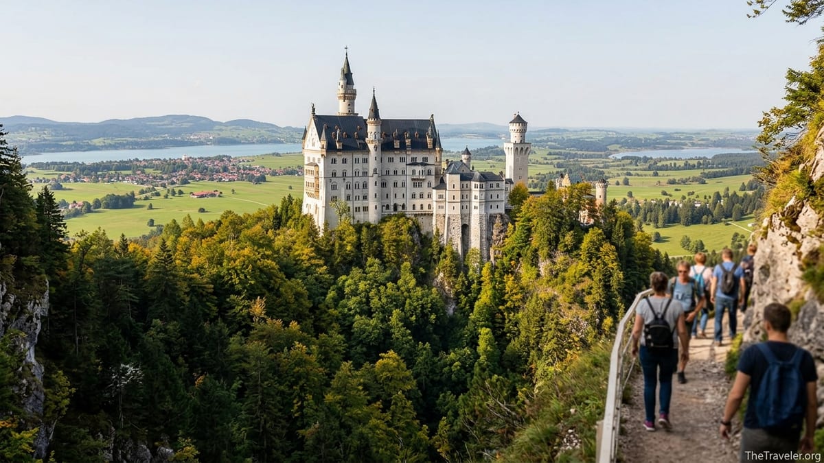 View of Neuschwanstein Castle above forests and lakes in southern Germany on a clear autumn afternoon.