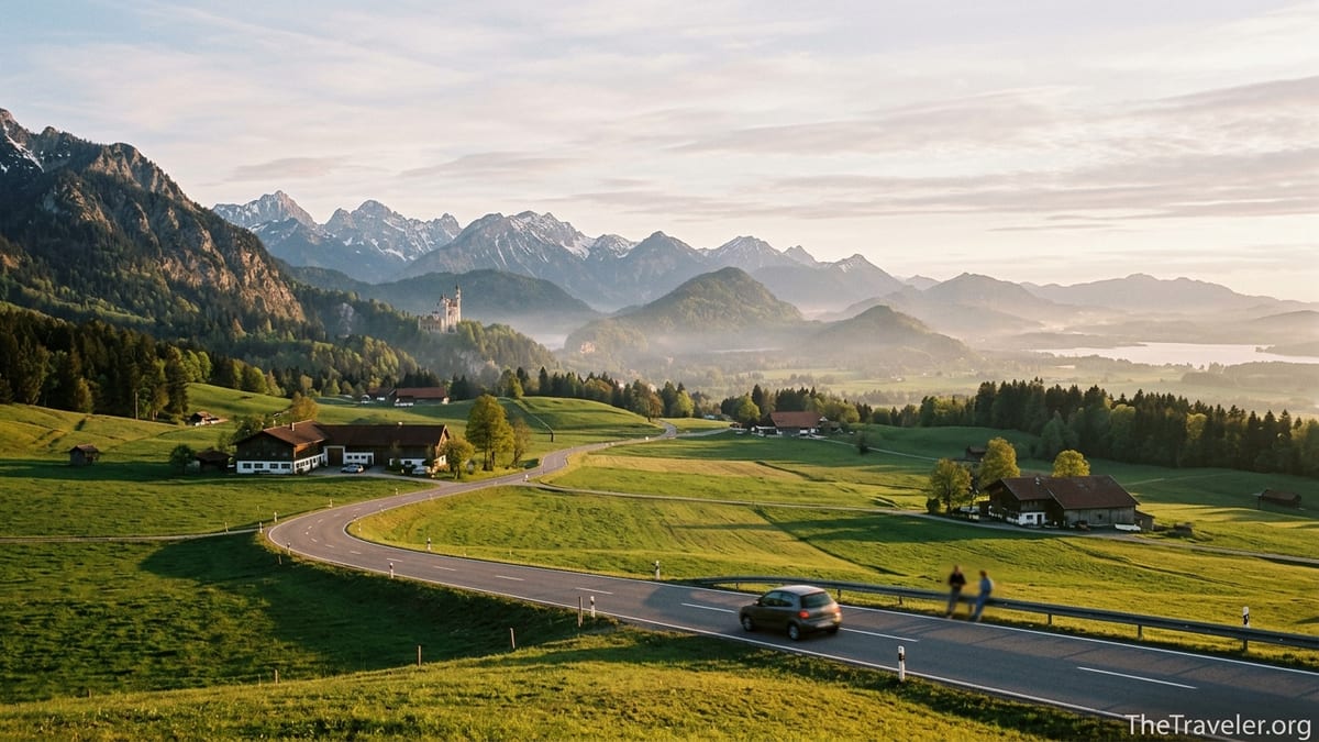 Alpine road in Southern Germany at sunrise with mountains, meadows and a distant lake.