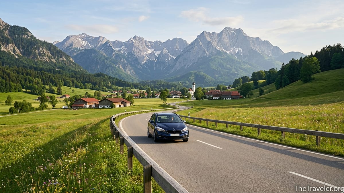 Curving German Alpine Road with rental car and Bavarian Alps in summer sunlight.