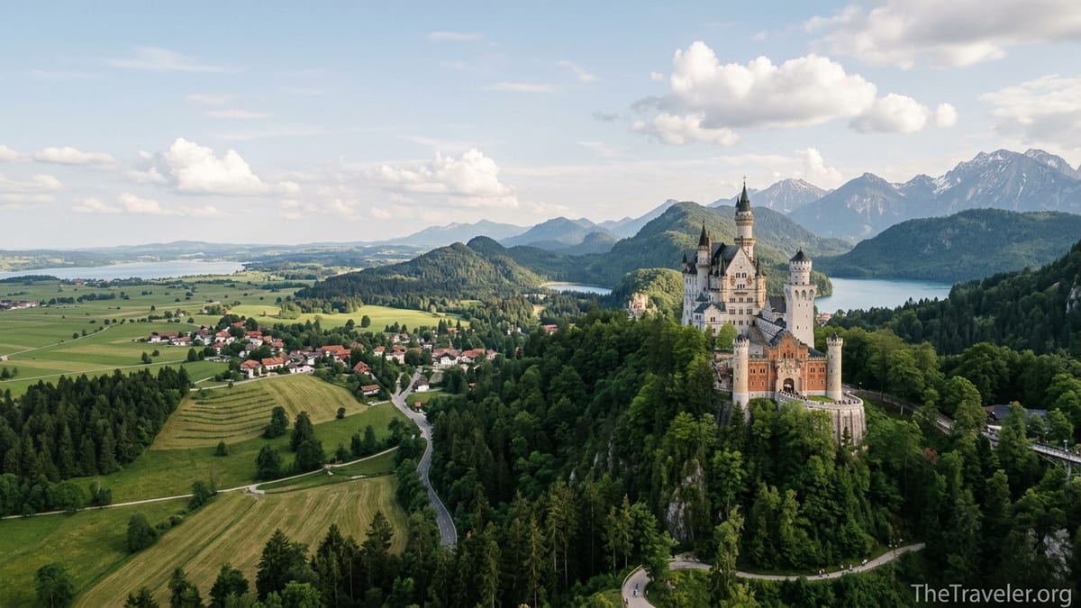Neuschwanstein Castle above green Bavarian hills with Alps in the distance on a clear day.