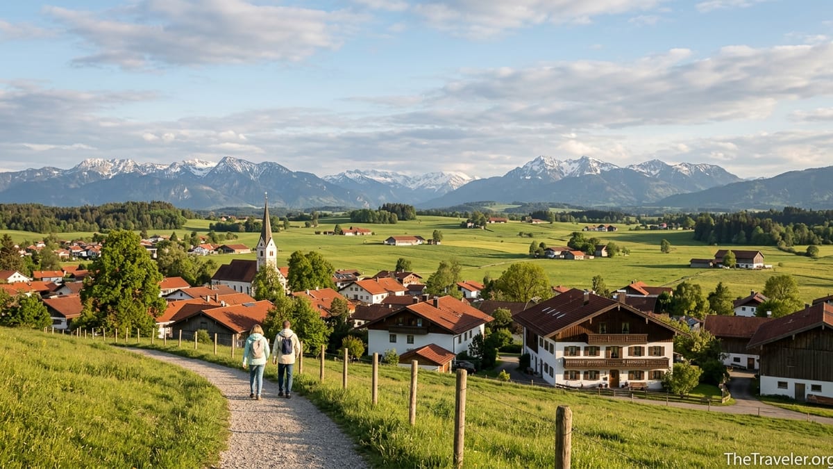Panoramic view of a Bavarian village and distant Alps seen from a hillside walking path in summer.