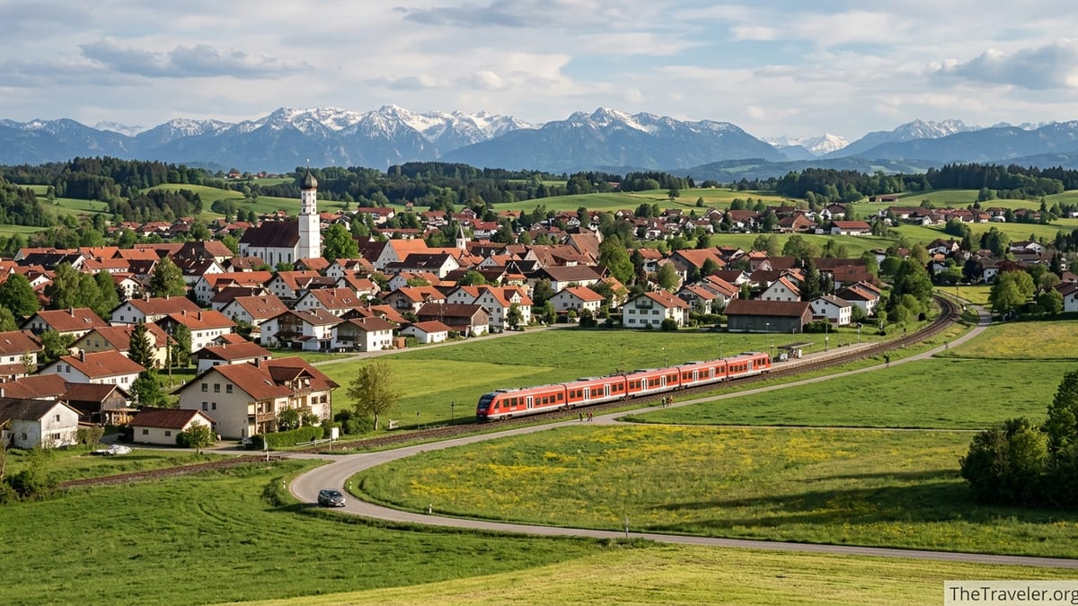 Southern Germany village with train, road and Alps in soft afternoon light