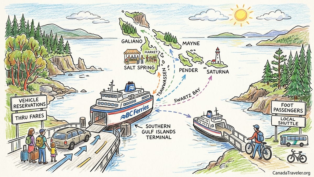 BC Ferries ship sailing between forested Southern Gulf Islands on a calm summer afternoon