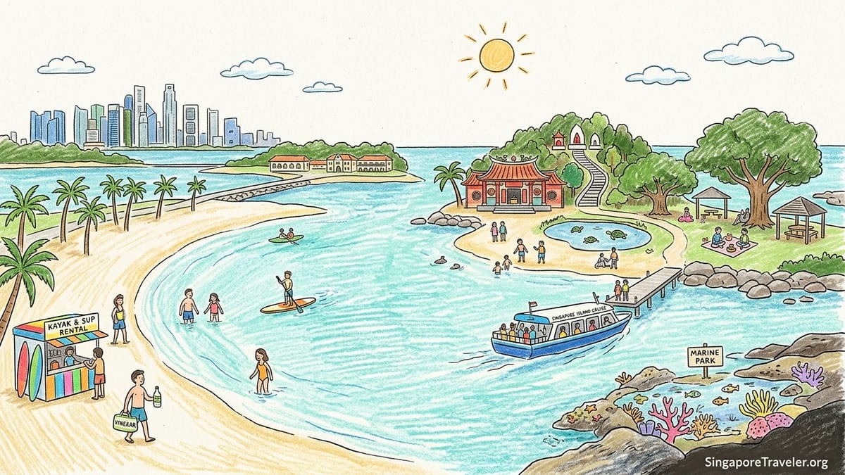 Aerial view of Lazarus Island’s curved sandy beach and calm turquoise bay near Singapore.