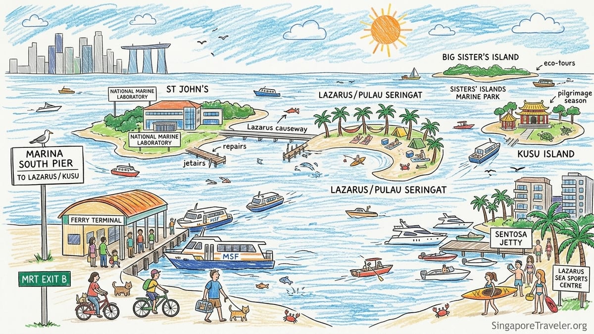 Passengers on a ferry approaching Lazarus Island, with St John’s and Singapore skyline in the distance.