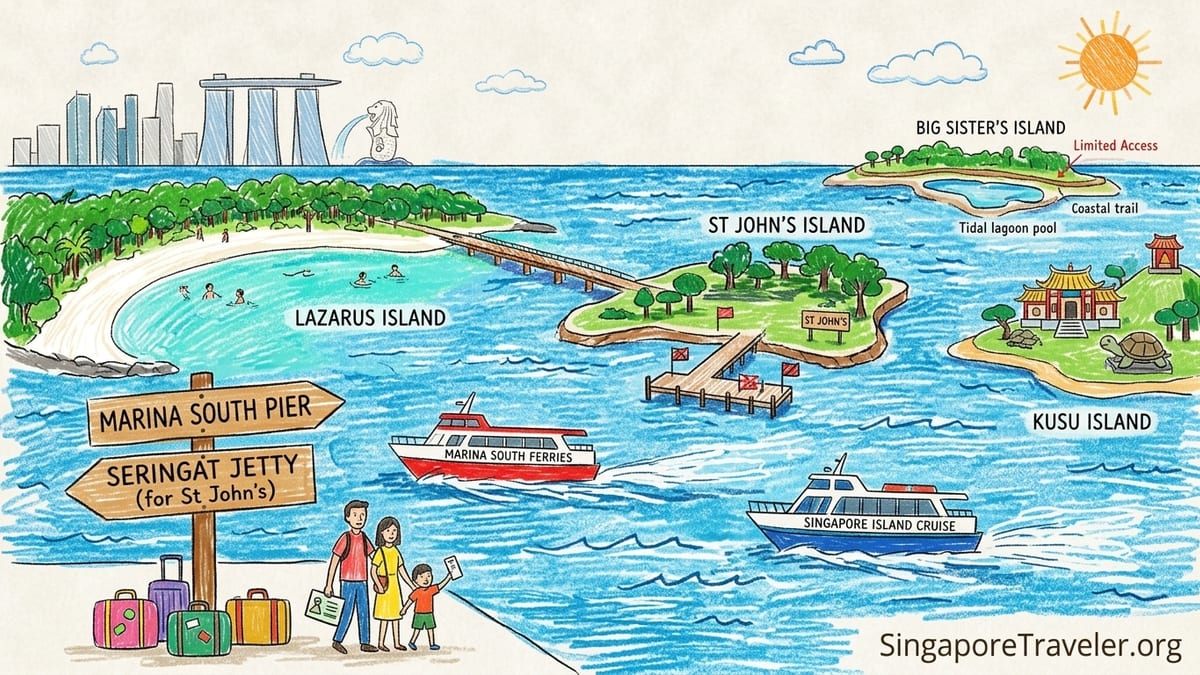 Public ferry approaching Seringat Jetty with travelers on deck and Singapore’s Southern Islands ahead.
