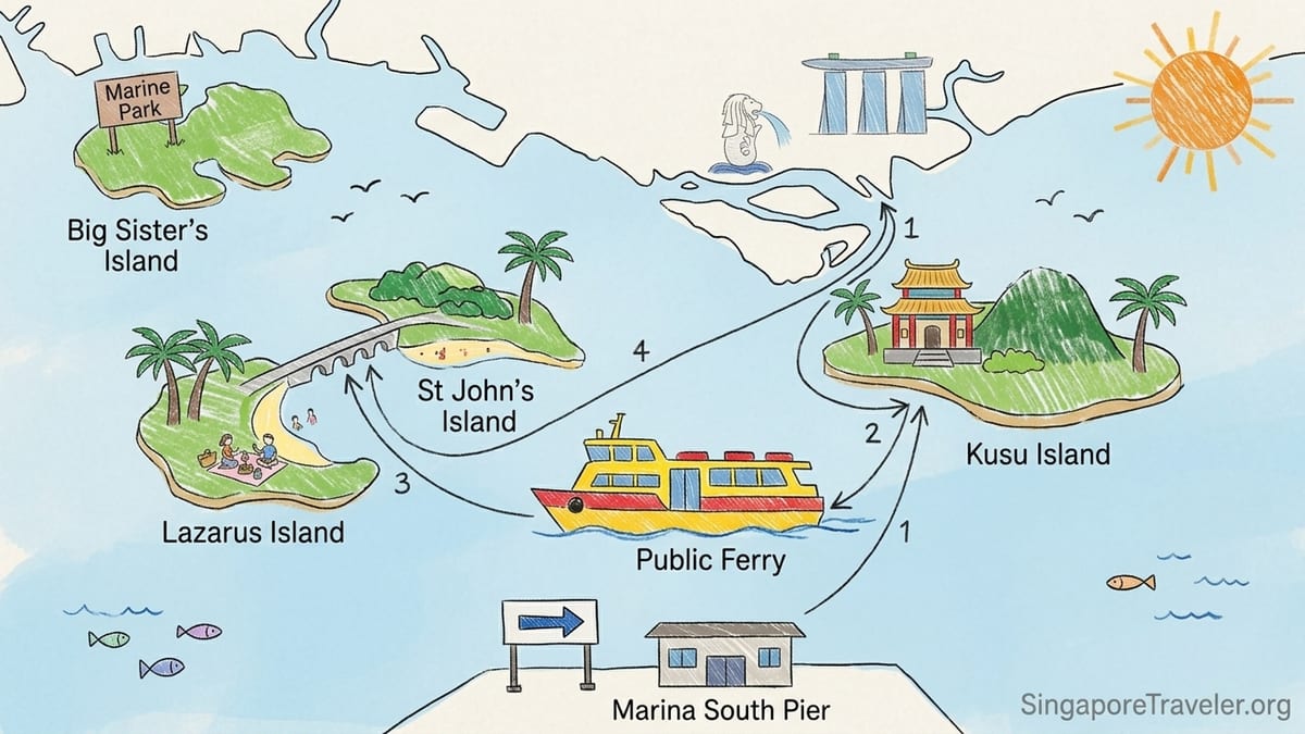 Aerial view of Lazarus and St John’s Islands with ferry approaching and causeway visible.