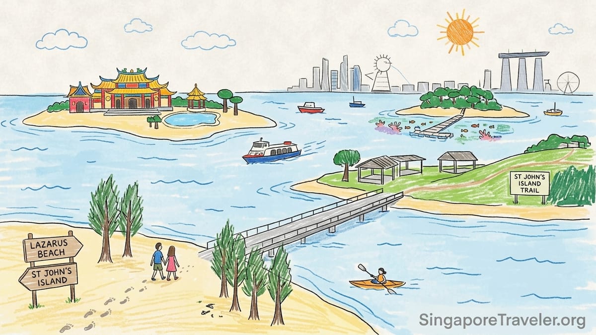 Lazarus Beach in Singapore with calm turquoise water, kayaks and visitors relaxing on a wide sandy bay.