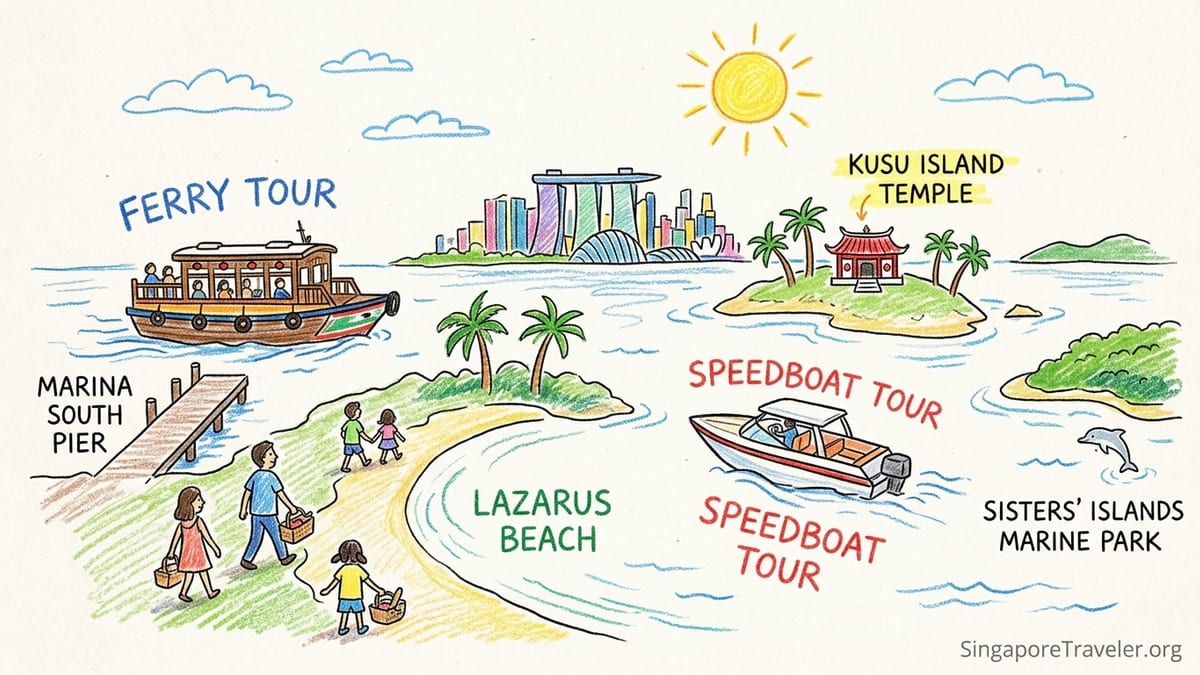 Ferry and speedboat cruising between Singapore’s St John’s and Lazarus islands on a sunny afternoon