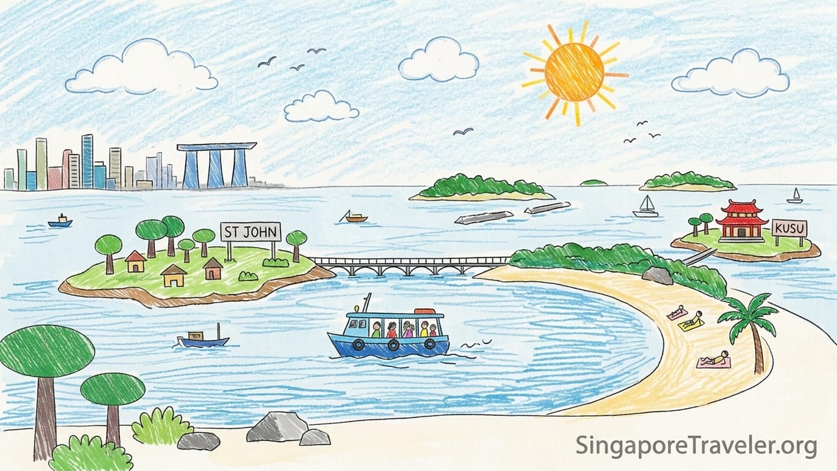 Aerial view of Singapore’s Southern Islands with Lazarus beach, anchored yachts and green islets in calm blue water.