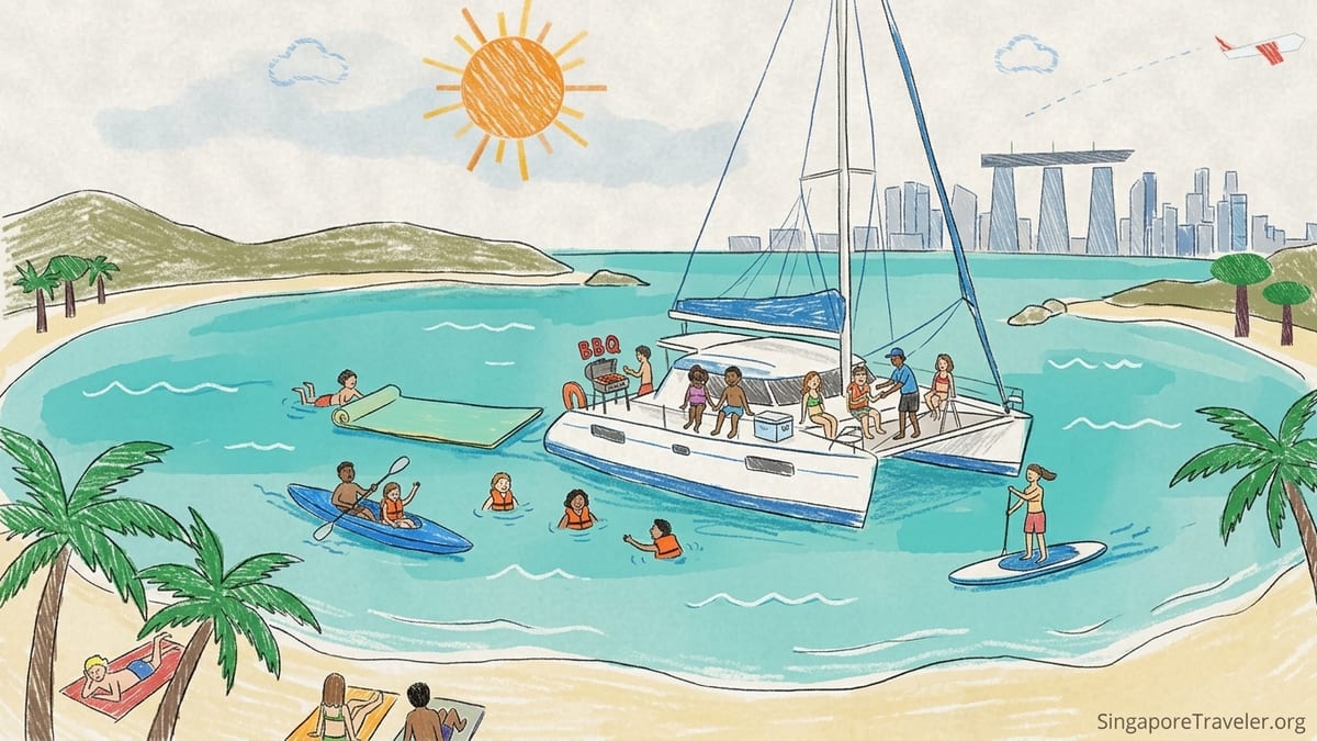 Catamaran cruising toward Singapore’s Southern Islands with yachts anchored in Lazarus Lagoon.