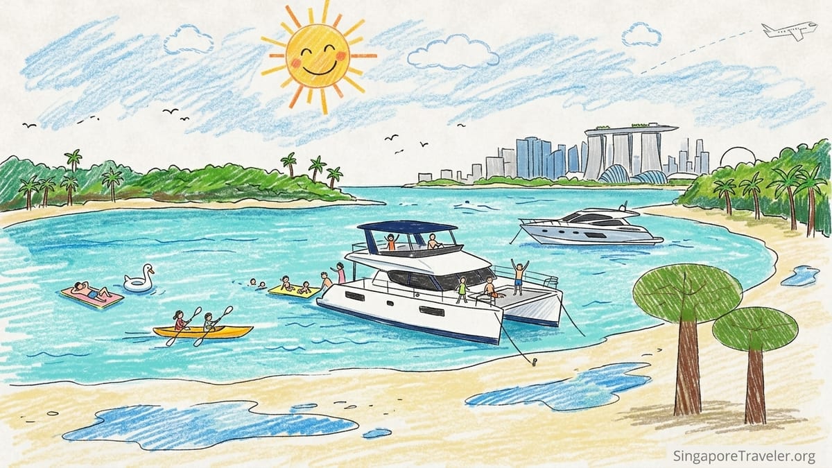 Catamaran at anchor off Lazarus Island Singapore with guests swimming and paddleboarding at sunset.
