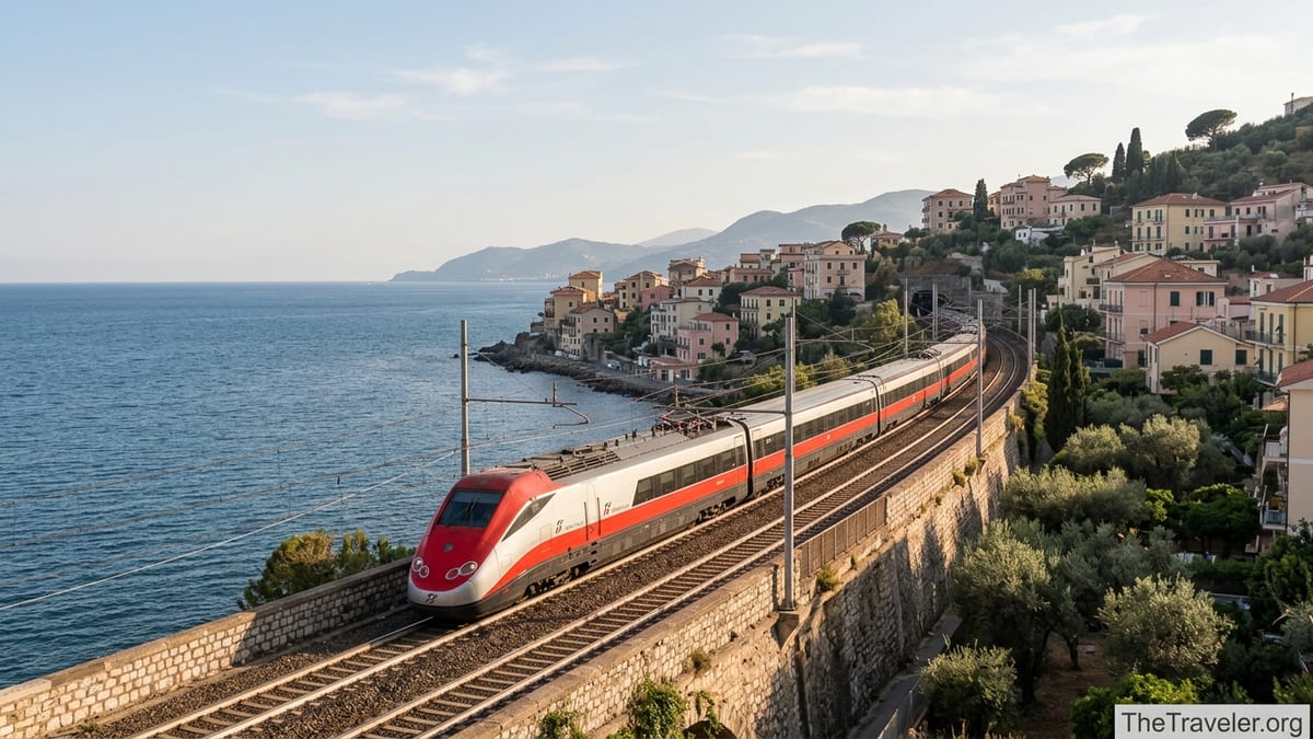 High-speed train curving along a southern Italian coastline above the sea.