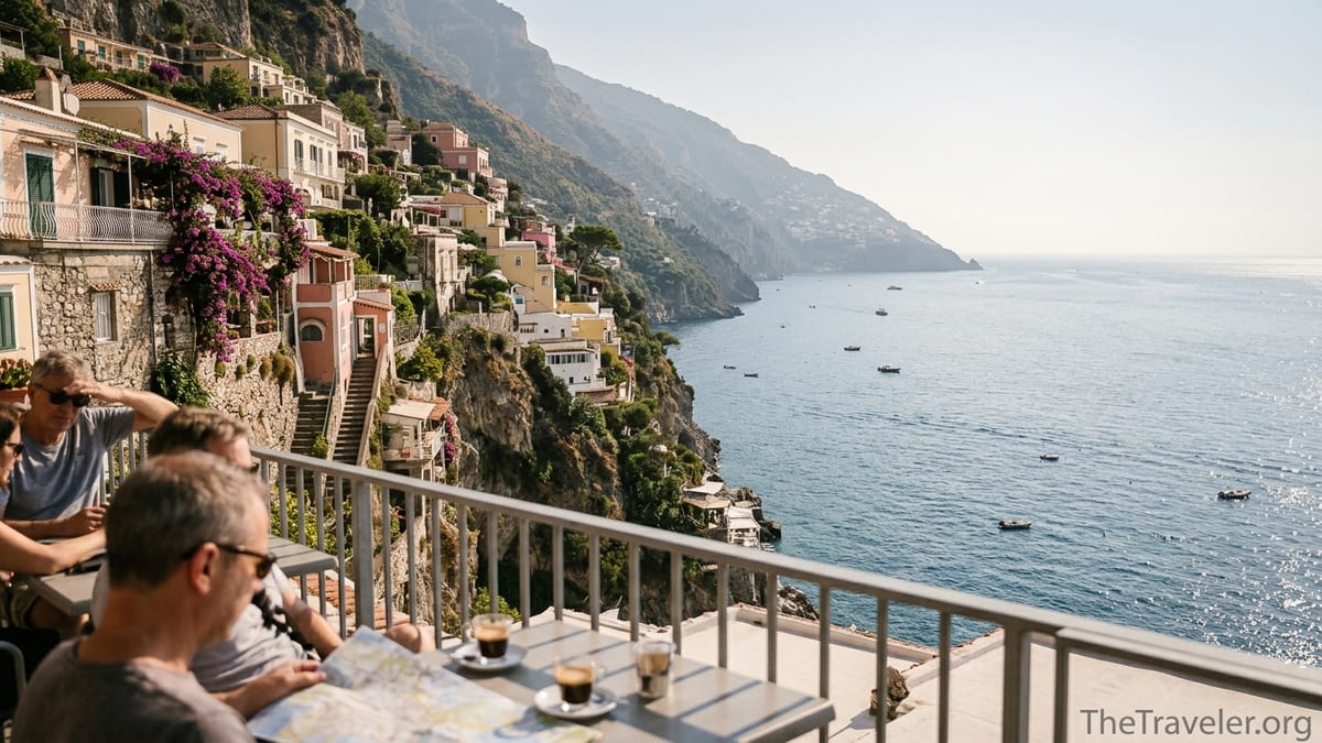 Overhead view of Positano houses on the Amalfi Coast descending to the sea in late afternoon light.