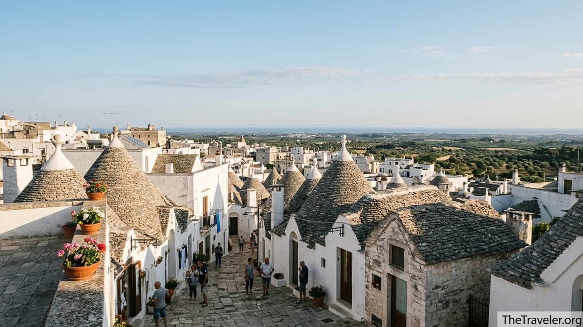 Panoramic view over trulli houses and whitewashed town in Puglia at sunset.