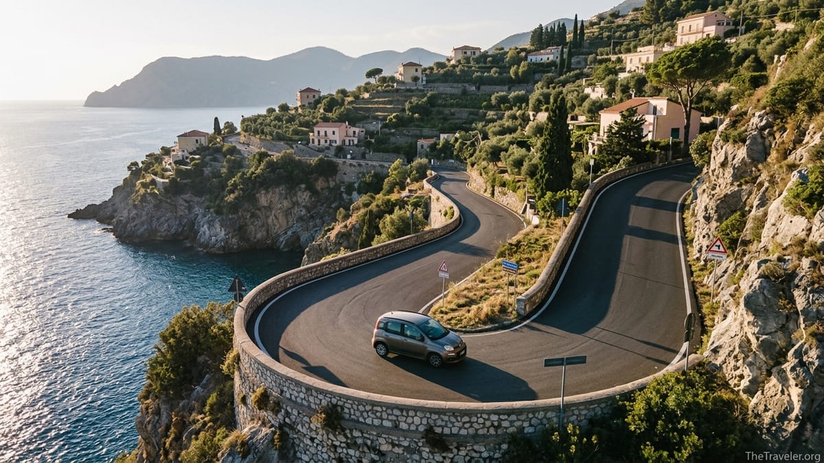 Car driving along a cliffside coastal road in southern Italy above a blue sea.