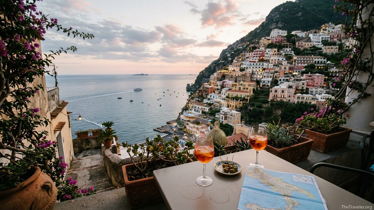 Evening view over Positano’s cliffside houses and calm sea from a terrace with drinks and a map.