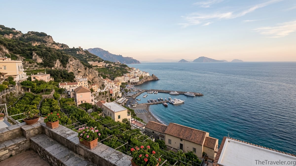 Cliffside village and terraced lemon groves overlooking the Amalfi Coast at sunset.