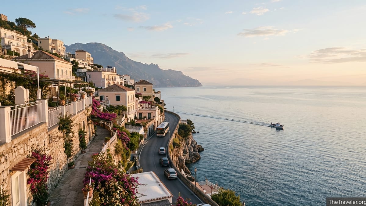 Cliffside town on the Amalfi Coast at sunrise overlooking a calm sea.