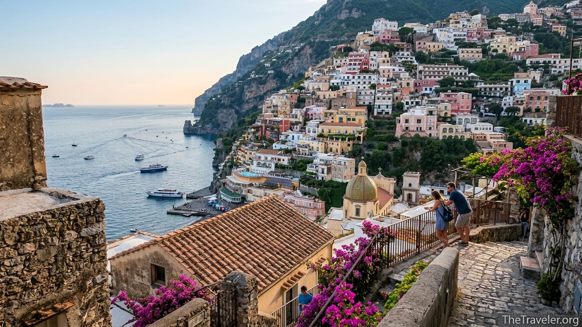 View over Positano’s cliffside houses and sea at golden hour from a terrace above town.