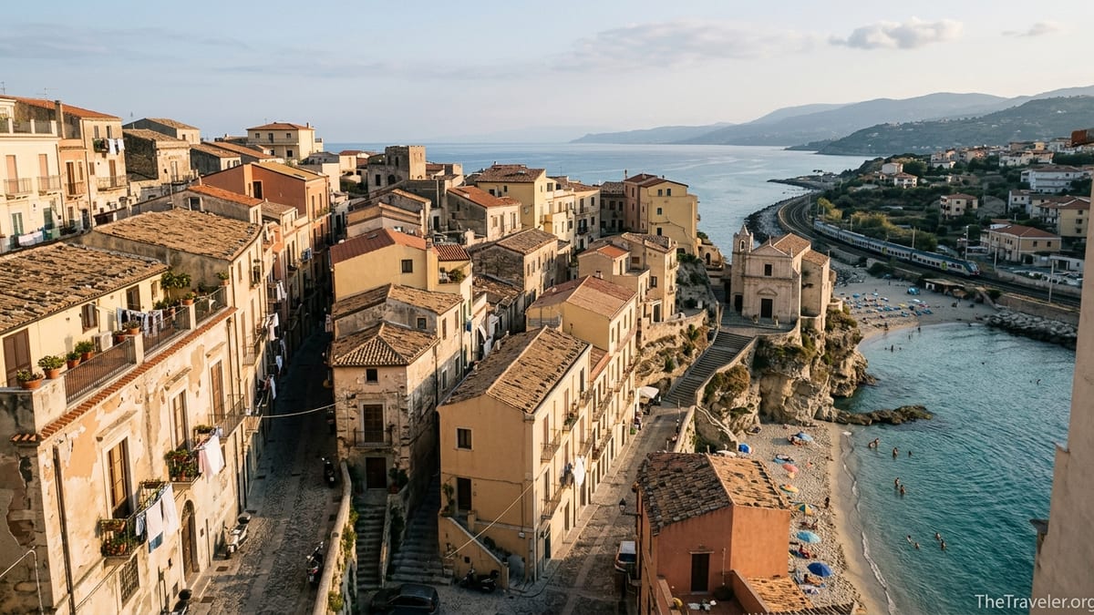 Clifftop town of Tropea in southern Italy overlooking a beach and turquoise sea at sunset.