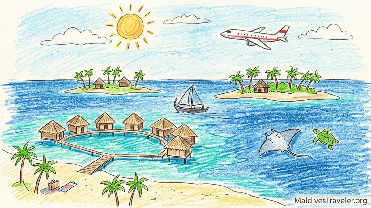 Aerial view of a remote southern Maldives resort island with overwater villas and turquoise lagoon at sunset.