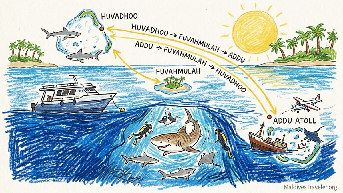 A Maldives liveaboard cruises along a deep blue channel past turquoise reefs in the southern atolls at sunset.