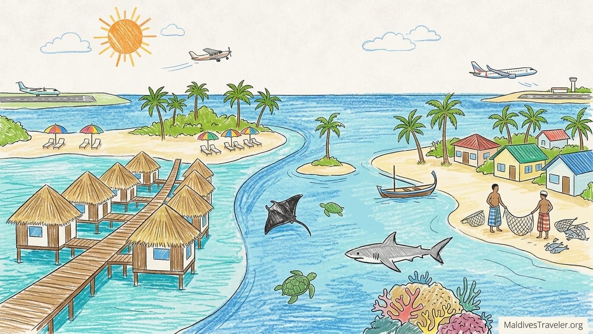 Aerial view of southern Maldives atolls with reefs, resort villas and inhabited islands at sunset.