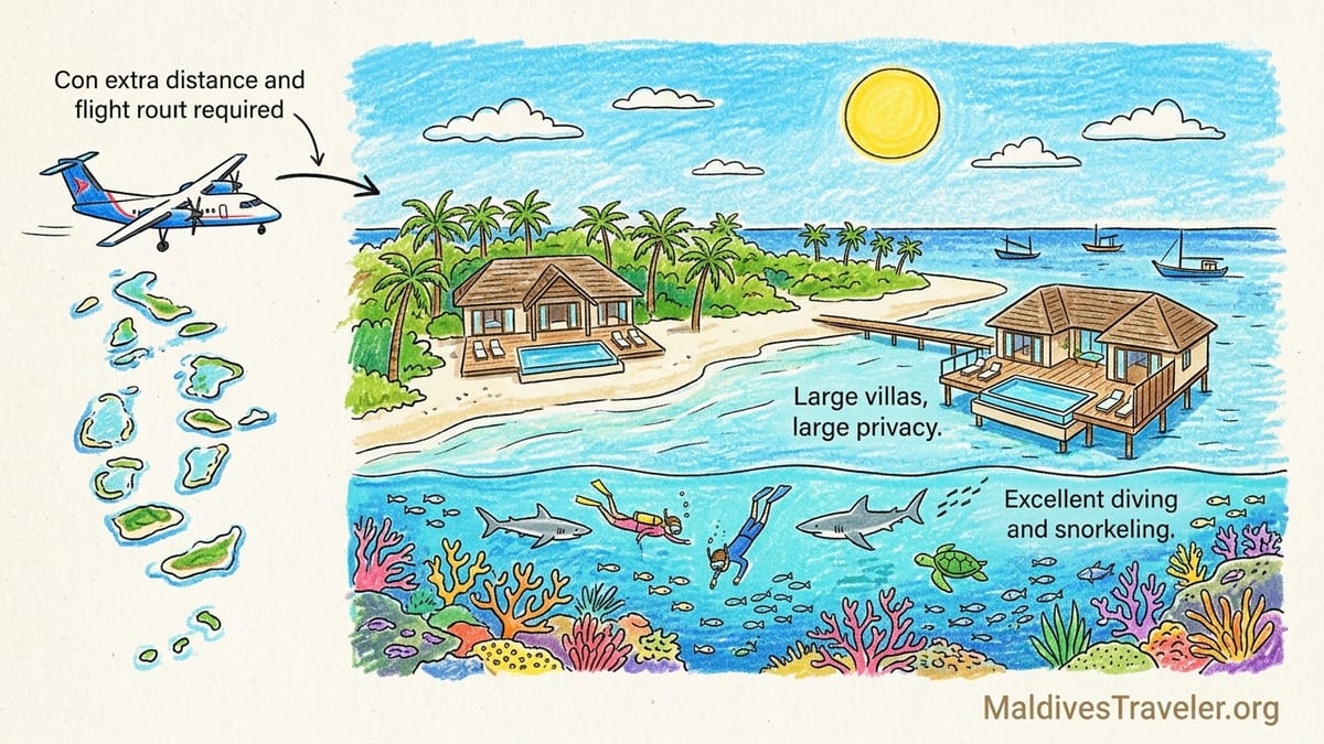 Aerial view of a remote Maldives island resort with overwater villas and vibrant reef at sunset.