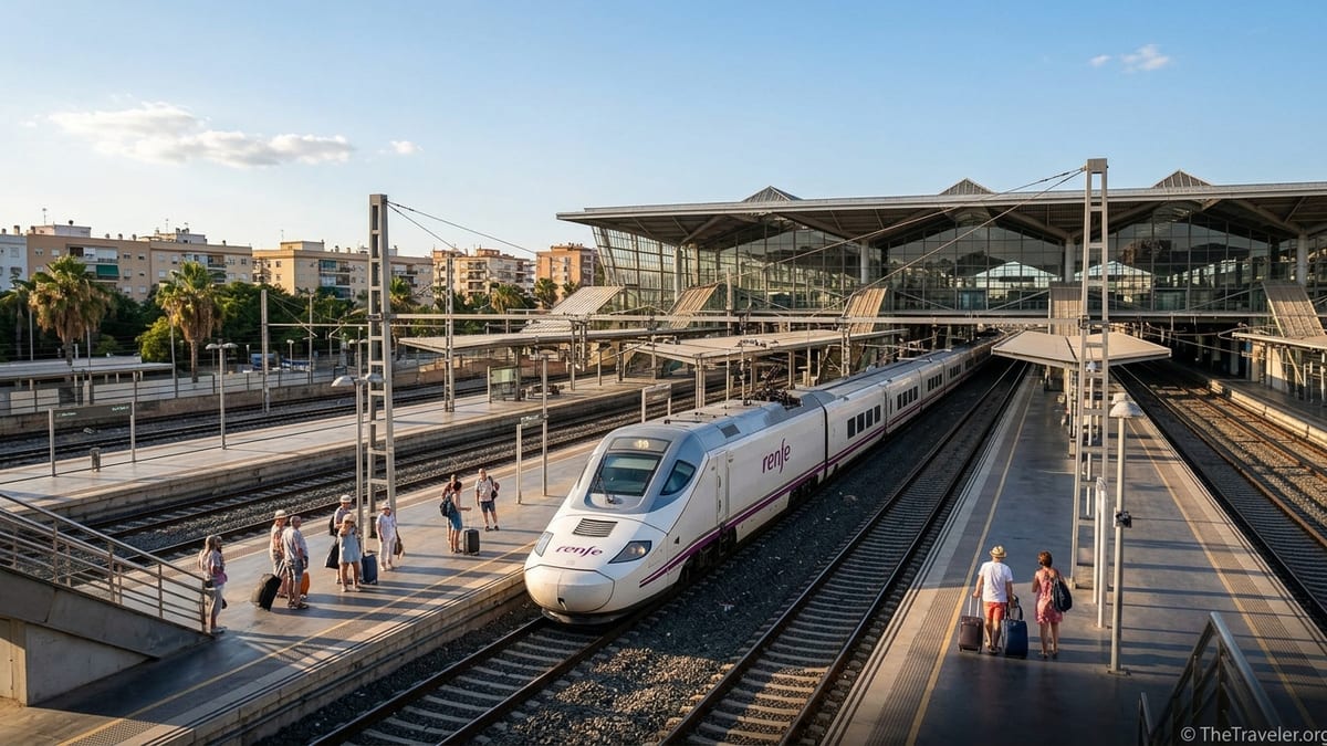 High-speed train pulling into Seville Santa Justa station on a sunny afternoon in southern Spain.