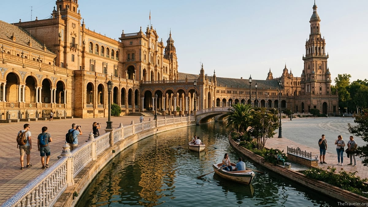 Golden hour view of Seville's Plaza de España with travelers walking beside the canal