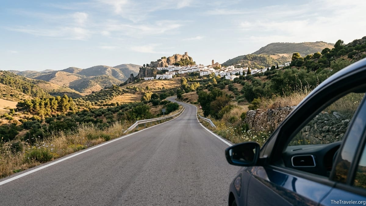 Scenic Andalusian mountain road curving toward a distant white village near Ronda at golden hour.