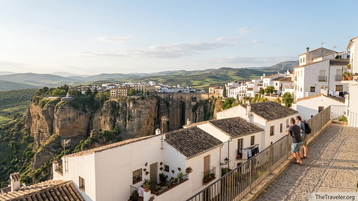 Panoramic view of Ronda and Puente Nuevo bridge over the gorge in late afternoon light.