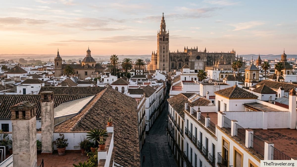 Sunrise over Seville old town with the Giralda tower and terracotta rooftops.