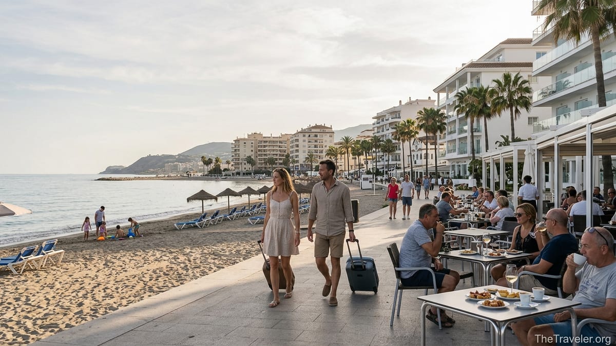 Early evening scene on a Costa del Sol beachfront promenade with hotels, cafés and beachgoers.